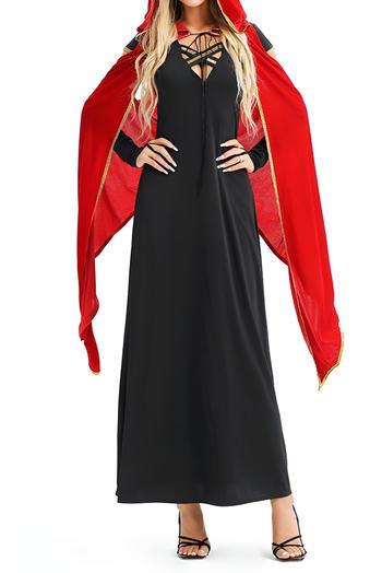 halloween witch cosplay slight stretch dress with hooded cape & sleeves