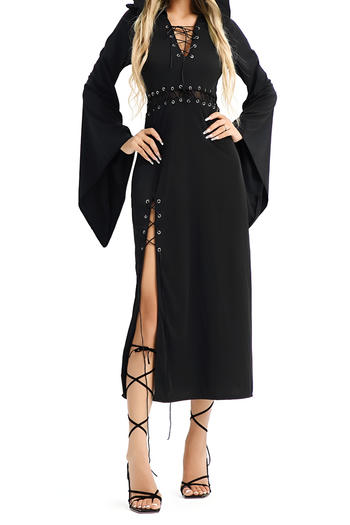 halloween vampire cosplay slight stretch eyelet lace-up hooded dress