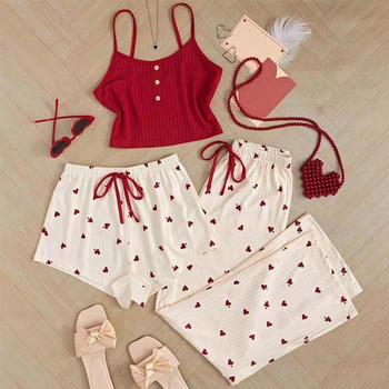 casual slight stretch 5-colors sling heart print three-piece set loungewear