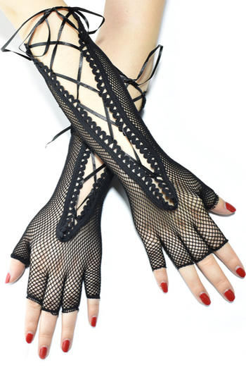 two pair new punk lace-up fishnet long gloves