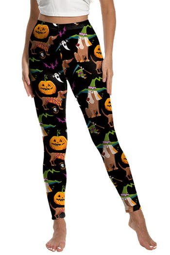sexy halloween slight stretch cartoon pumpkin dog printing pants