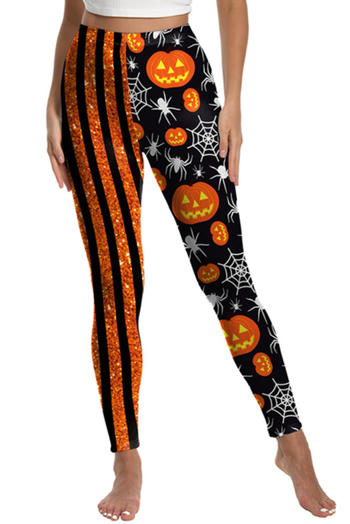halloween slight stretch stripe pumpkin spider web printing high-waist pants