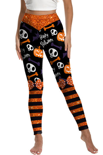 halloween slight stretch stripe pumpkin skeleton printing high-waist pants