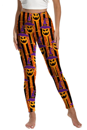 halloween slight stretch stripe magic pumpkin printing high-waist pants