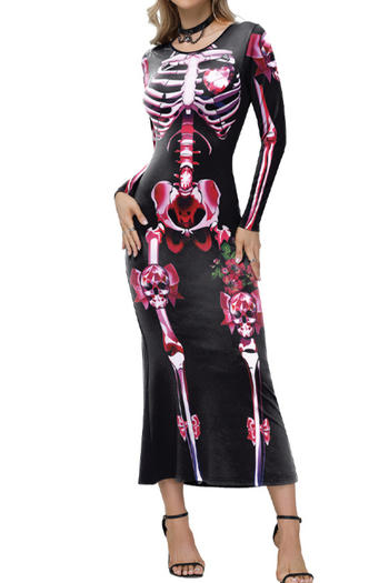 sexy halloween slight stretch skeleton fixed printing midi dress costumes