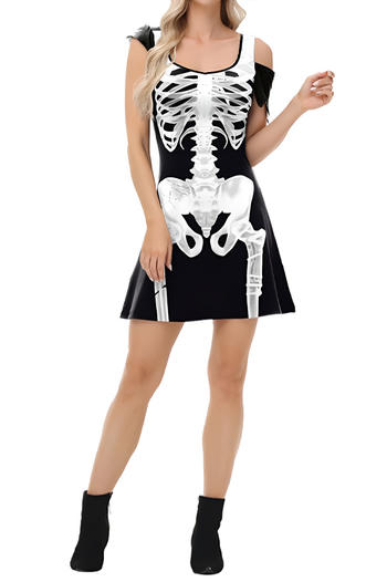 sexy halloween slight stretch skeleton printing mini dress costumes#3