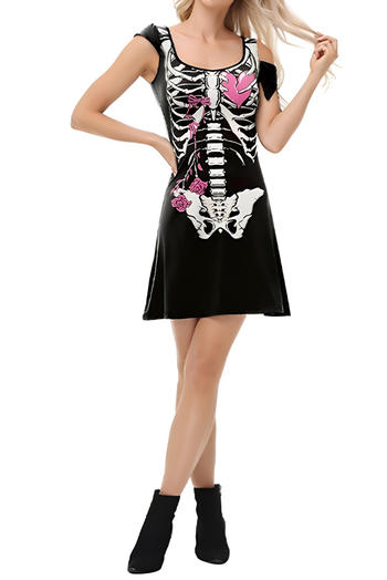 sexy halloween slight stretch skeleton printing mini dress costumes#4