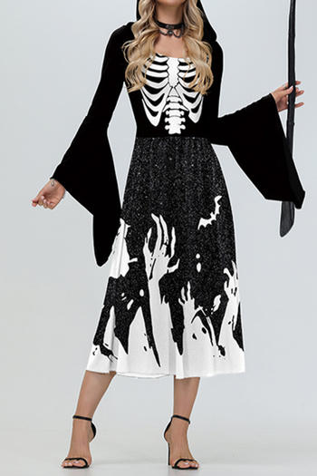 sexy slight stretch halloween hooded skeleton printing witch costumes