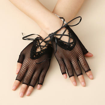 one pair new solid color lace-up fishnet short gloves