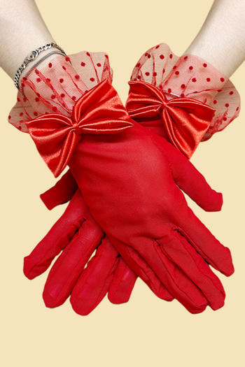 one pair new stylish lace trim 3 colors bow decor short gloves