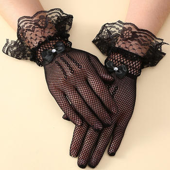 one pair new stylish lace trim bow decor fishnet short gloves