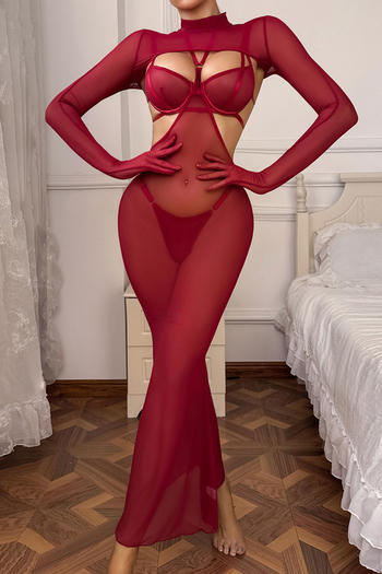 sexy slight stretch mesh solid color see-through four-piece set(with underwire)