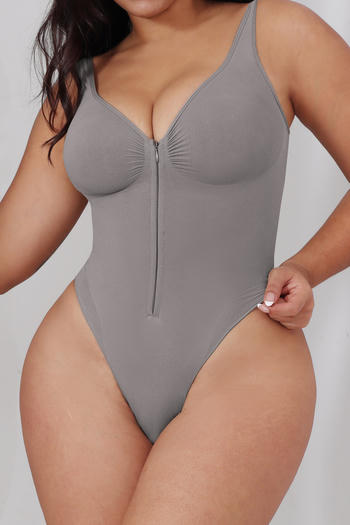sexy high stretch solid color v-neck zip-up shapewear bodysuit