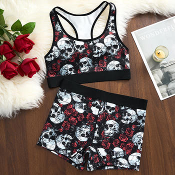 halloween high stretch rose skull print thin quick-drying bralettes set
