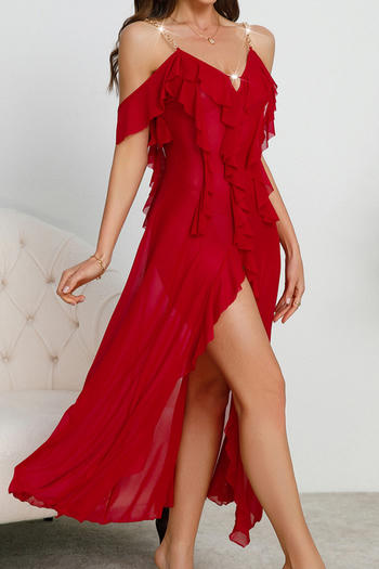 sexy slight stretch ruffle decor mesh v-neck babydoll