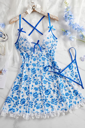 sexy slight stretch flower batch printing bow babydoll(with thong)
