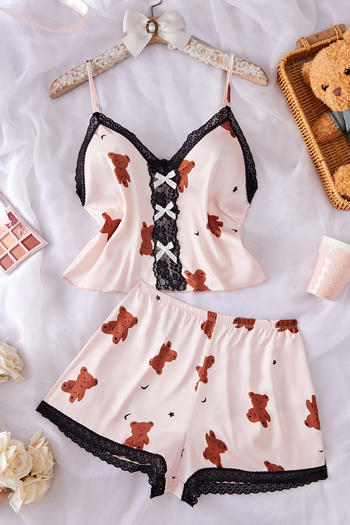 sexy slight stretch lace trim bow decor shorts sets sleepwear