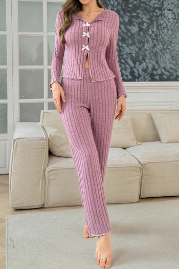 casual slight stretch lapel bow decor pants sets loungewear