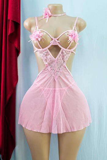 sexy stretch lace mesh splicing flower decor babydoll with choker & thong