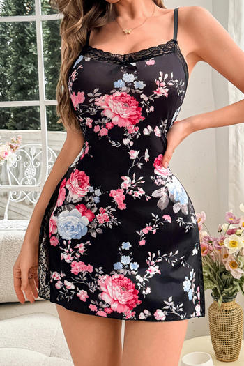 sexy slight stretch flower batch printing lace trim slit sleepwear