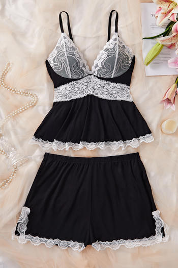 sexy slight stretch stitching lace v-neck sling shorts sets sleepwear