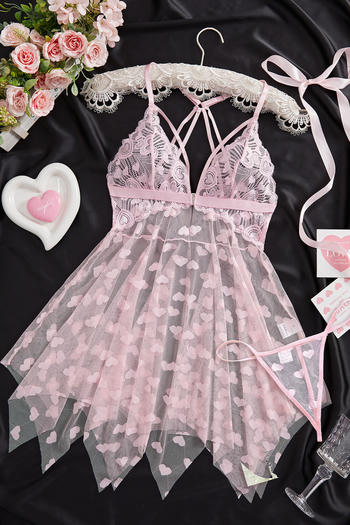 sexy slight stretch heart embroidery mesh stitching lace babydoll(with thong)
