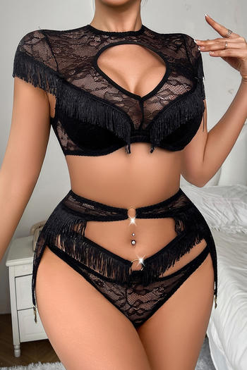 sexy slight stretch tassels hollow three-piece set(with underwire)