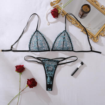 sexy slight stretch flower embroidery see-through mesh two-piece set