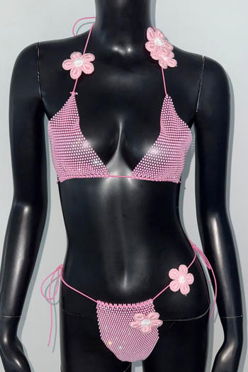 sexy non-stretch fishnet rhinestone flower decor two-piece set