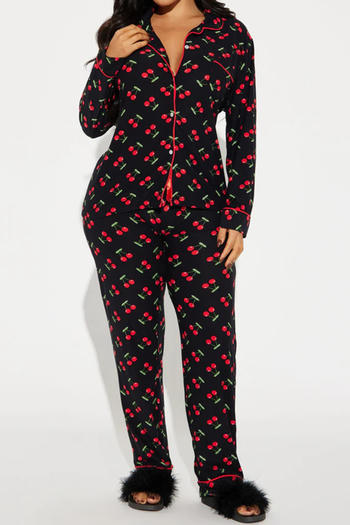 slight stretch cherry printing lapel button pants sets loungewear