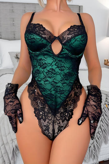 sexy slight stretch see through lace stitching underwire bodysuit with gloves