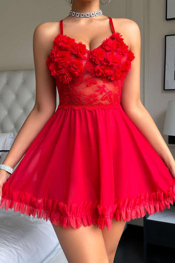 sexy stretch see-through lace mesh splicing flower decor babydoll with thong