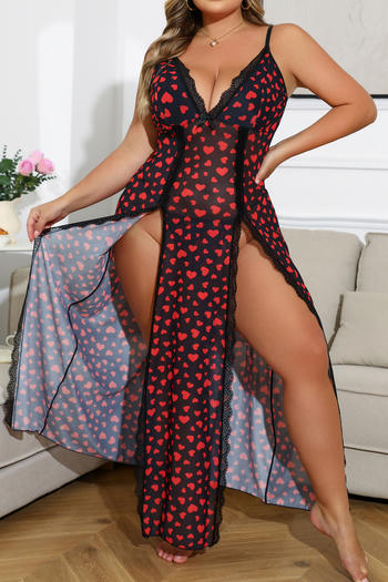 sexy plus size stretch mesh heart-shaped print high slit babydoll with thong