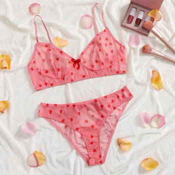 sexy plus size slight stretch see-through mesh heart  print two-piece set