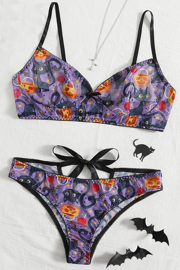 halloween sexy plus size slight stretch see-through mesh print two-piece set