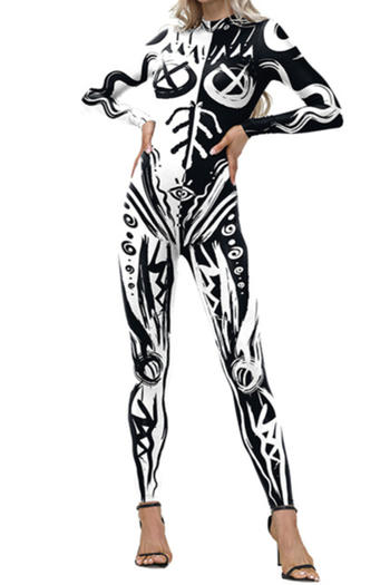 halloween slight stretch graffiti printing crew neck jumpsuit