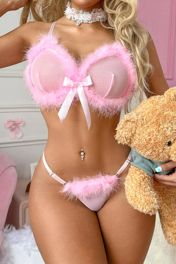 sexy slight stretch see-through mesh plush bow decor two-piece set