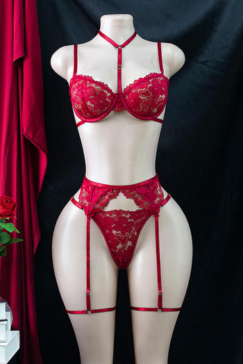 sexy slight stretch see-through lace three-piece set(with underwire& leg rings)