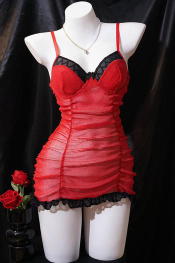 sexy slight stretch contrast color mesh babydoll(with underwire)