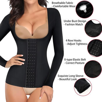 Stylish plus size high stretch 4 row hooks long sleeve shapewear