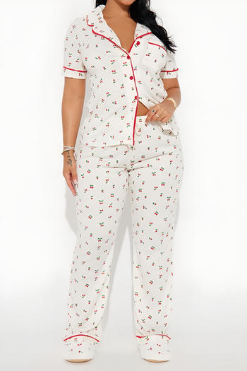 casual slight stretch cherry print short sleeves pants set loungewear