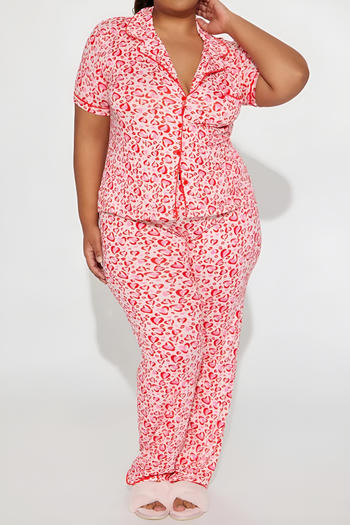 casual slight stretch heart-shaped print short sleeves pants set loungewear