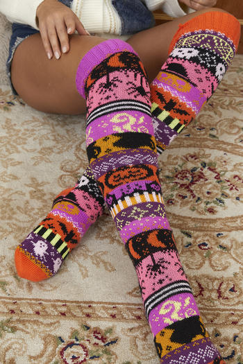 one pair new stylish pumpkin pattern ribbed knit thigh socks