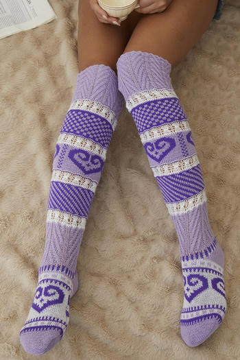 one pair new stylish winter contrast color heart pattern ribbed knit thigh socks