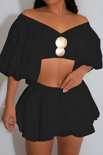 hot sale exquisite non-stretch metal decor v-neck lantern sleeve blouse