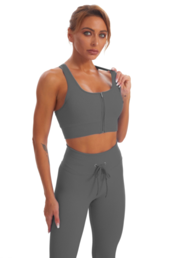 New solid color stretch low-cut zip-up vest with tie-waist pants sports yoga two-piece set