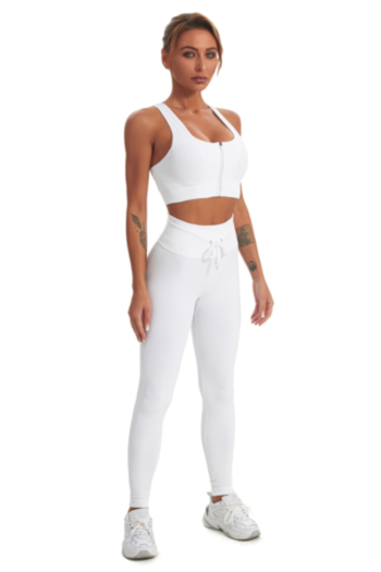New solid color stretch low-cut zip-up vest with tie-waist pants sports yoga two-piece set