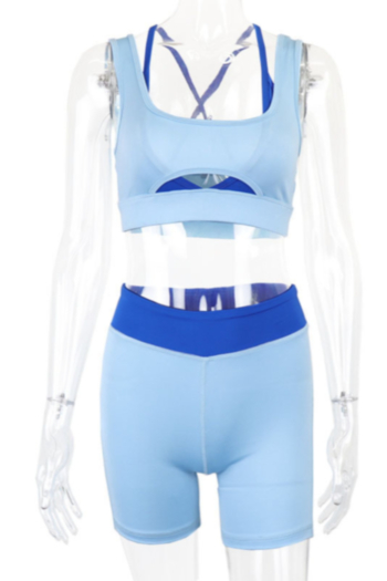New style contrast color sling cutout fashion vest with shorts yoga sport two piece set