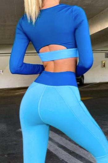 New style contrast color round neck long sleeve zip-up cutout yoga sport two piece set