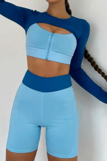 New style contrast color round neck long sleeve zip-up cutout with shorts yoga sport two piece set